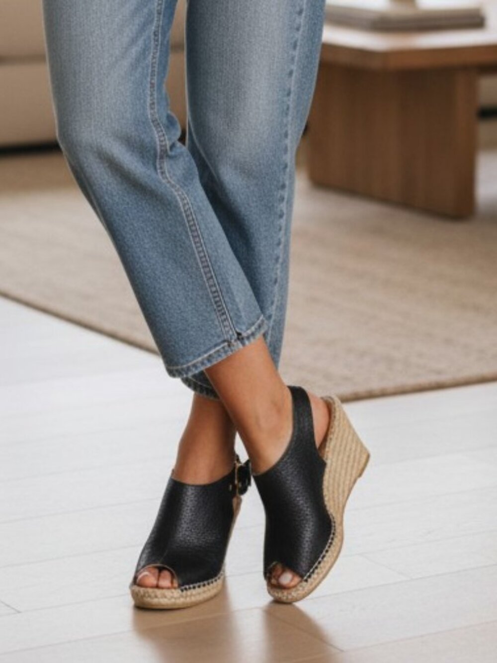 Maypol - Black Leather Peep Toe Slingback Ankle Espadrille Sandal - Size 40